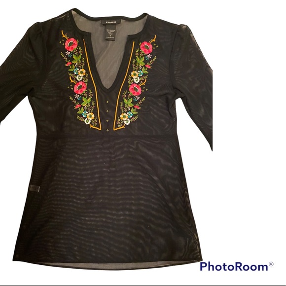 EXPRESS BLACK MESH EMBROIDERED TUNIC TOP SHIRT ⭐️⭐️⭐️⭐️⭐️ - Picture 7 of 14